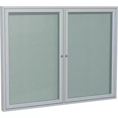 Ghent Enclosed Bulletin Board, Outdoor, 2 Door, 60"W x 48"H, Silver Vinyl/Silver Frame