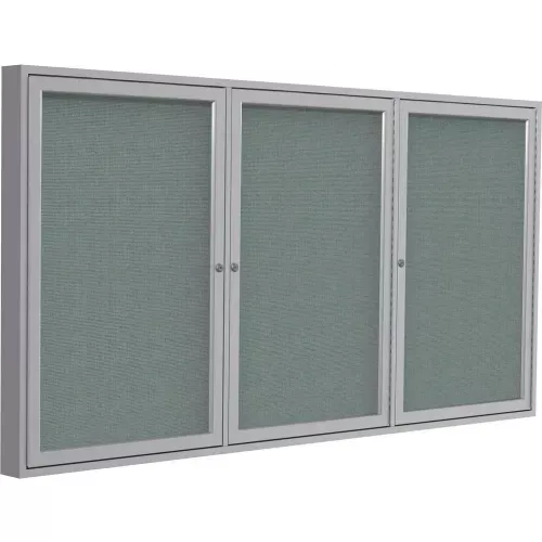 Ghent Ovation Enclosed Bulletin Board, 3 Door, 72"W x 48"H, Gray Fabric/Silver Frame